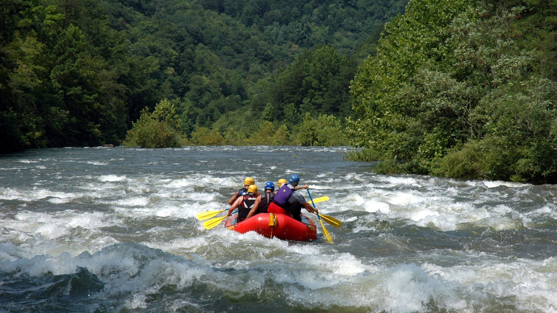 A group of people river rafting. The river is gushing. The boat is red and the paddles are yellow.