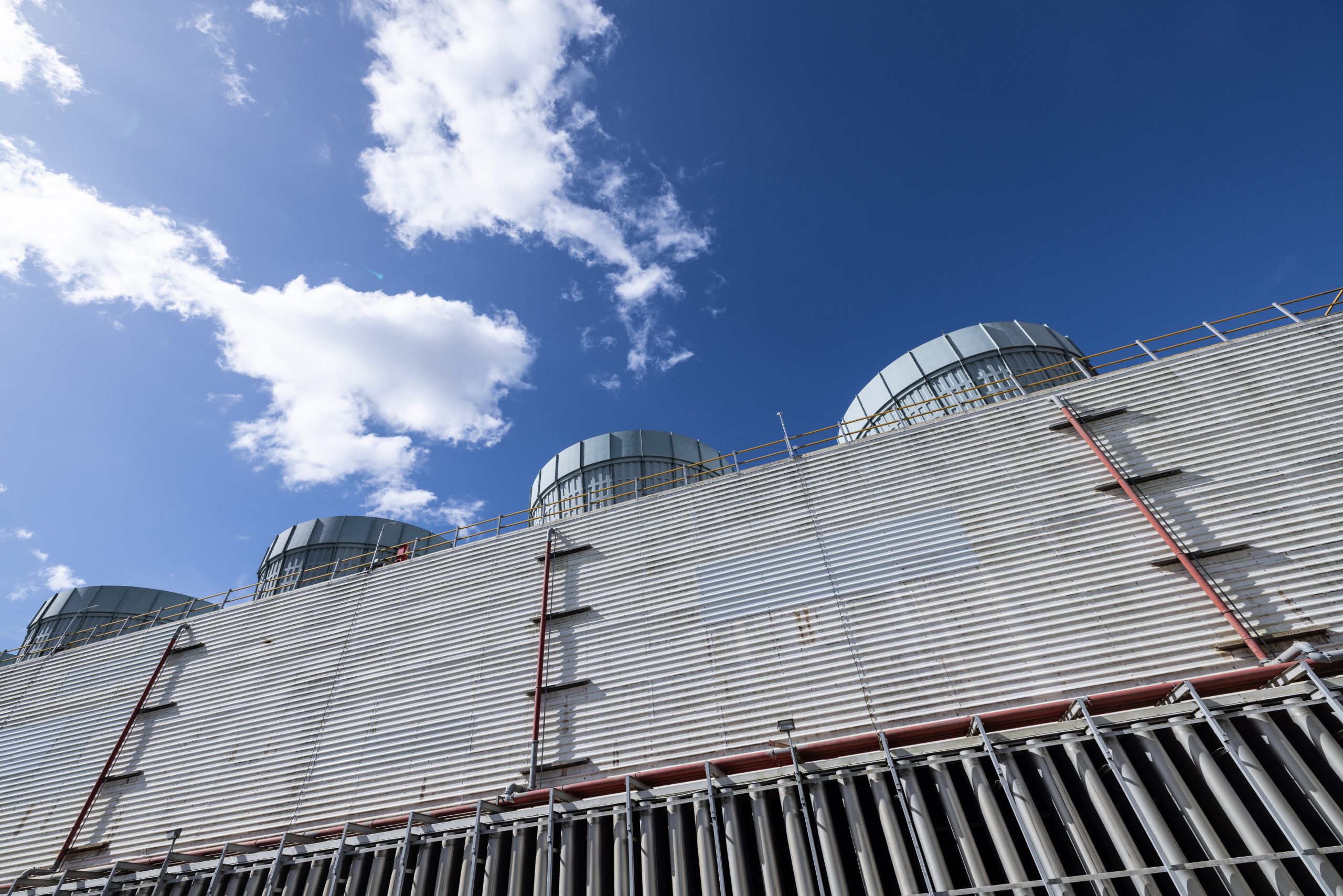 A picture of Swanbank gas fired power station looking up towards cooling towers.