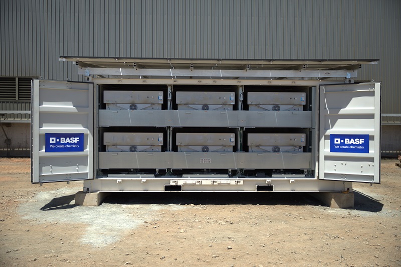 A photo of a sodium-sulphur battery made by NGK. The battery modules are inside a steel box similar in size to a shipping container.