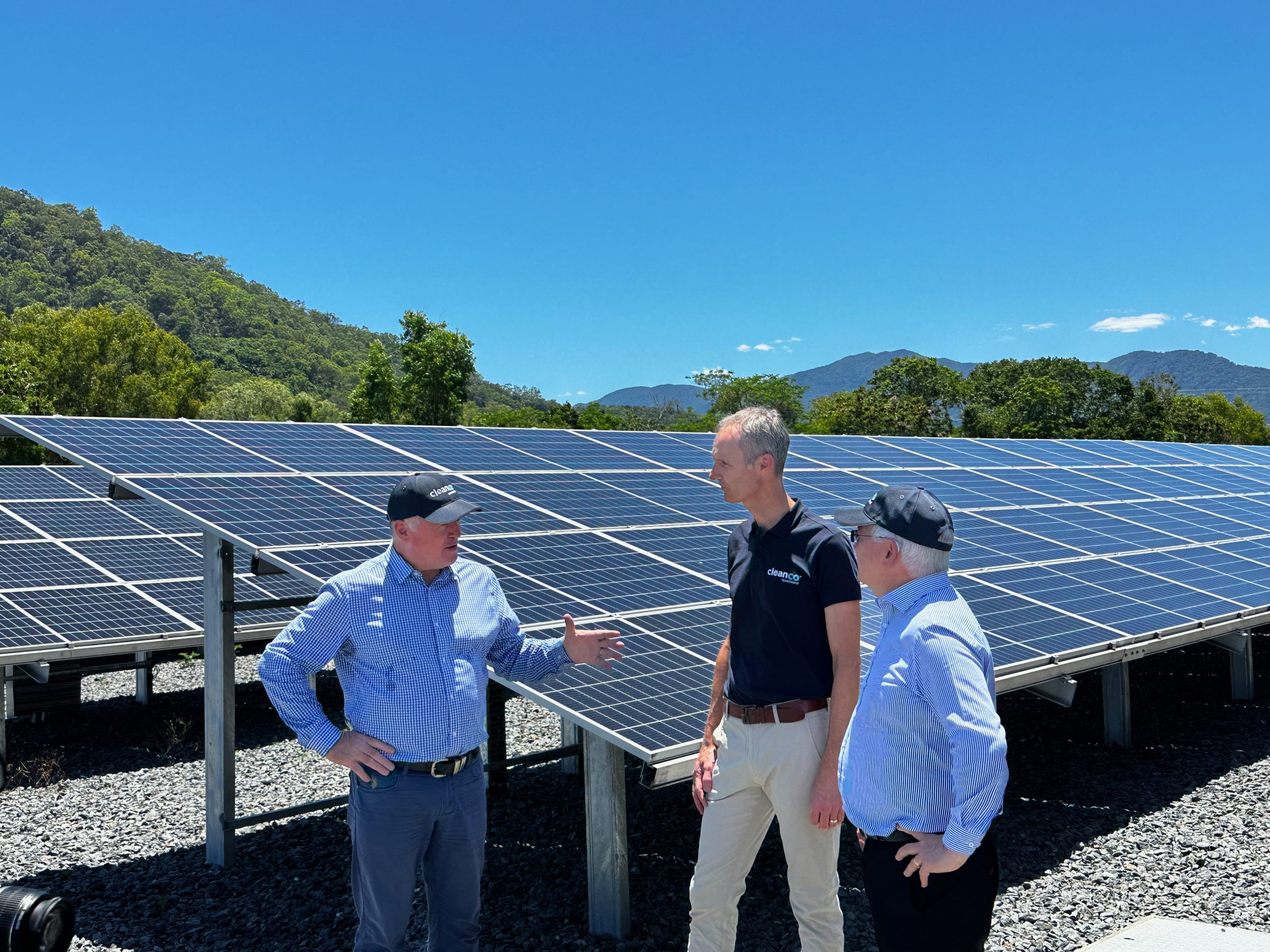 CleanCo CEO with officials from the Cairns Regional Council at a Solar Farm. CleanCo had just signed an agreement to supply the council with renewable energy.