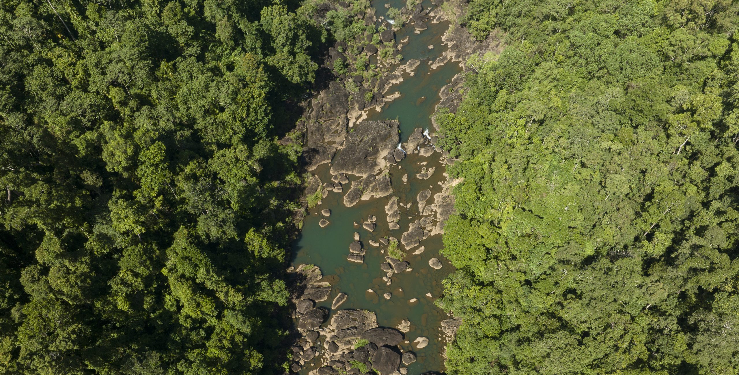 An aerial photograph looking down on the Tully River and surrounding greenery