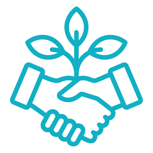 A graphic showing two hands shaking in front of a leaf to symbolise the environment