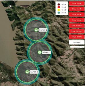 An aerial map showing the projected area Splityard Creek Dam's emergency sirens will cover in the event of a dam emergency.